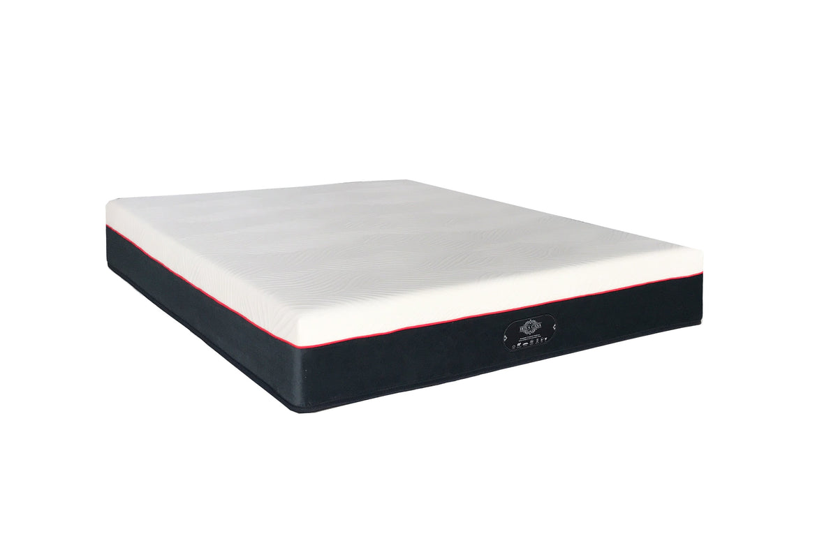 A white mattress with a black and red striped base, presumably a memory foam mattress, on a white background.