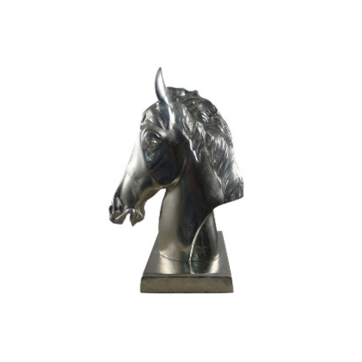 Bronze sculpture of a horse head on a white background