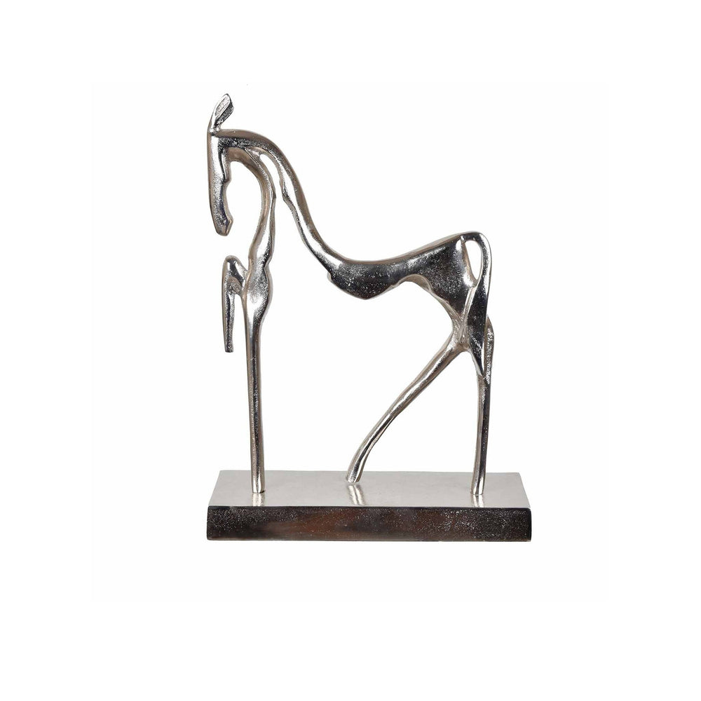 Silver horse sculpture on a dark base against a white background