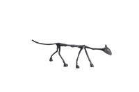 Decorative cat statue with a metallic finish, depicting a feline figure with a stylized design on a plain background.