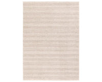 A beige and white striped area rug, power loomed with a flatweave construction.