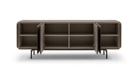 Brown cabinet with open doors on a white background