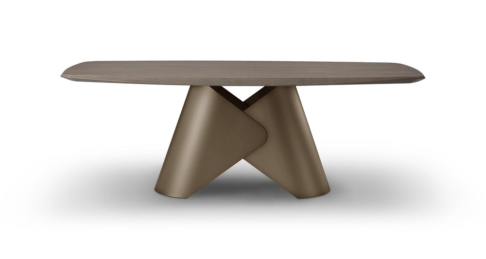 Modern brown table with unique base design on a white background