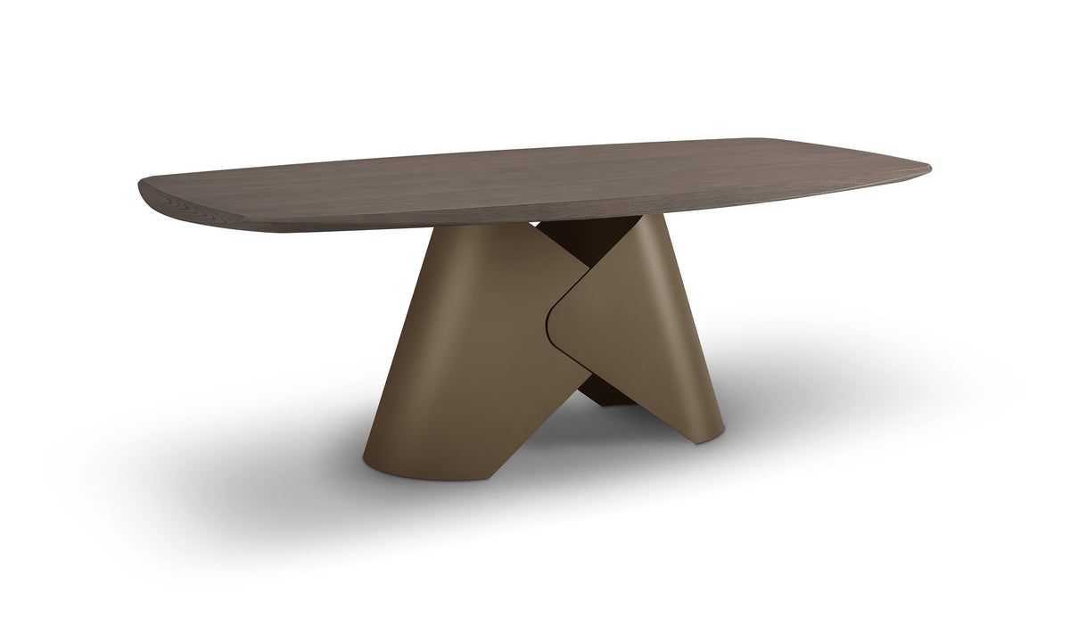 Modern brown table with a unique base design on a white background