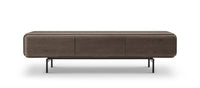 Wooden TV stand with a minimalist design on a white background
