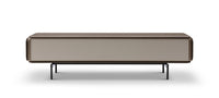 Modern coffee table with a beige top and brown base on a white background