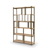 Wooden bookshelf with multiple shelves on a white background