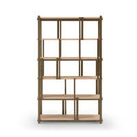 Wooden bookshelf with multiple shelves on a white background