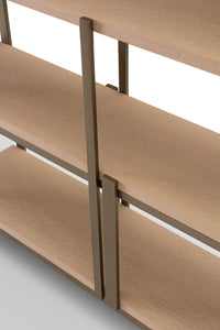 Wooden bookshelf with multiple shelves on a white background