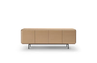 A modern Jennie Buffet sideboard with a beige finish, featuring four doors and metallic legs.