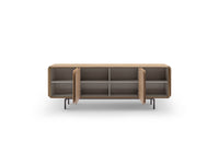 A modern Jennie Buffet sideboard with a beige finish, featuring four doors and metallic legs.