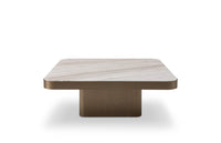 A square Jennie Marble Coffee Table with a beige marble top and a brown metal base.