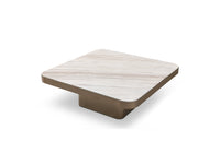 A square Jennie Marble Coffee Table with a beige marble top and a brown metal base.