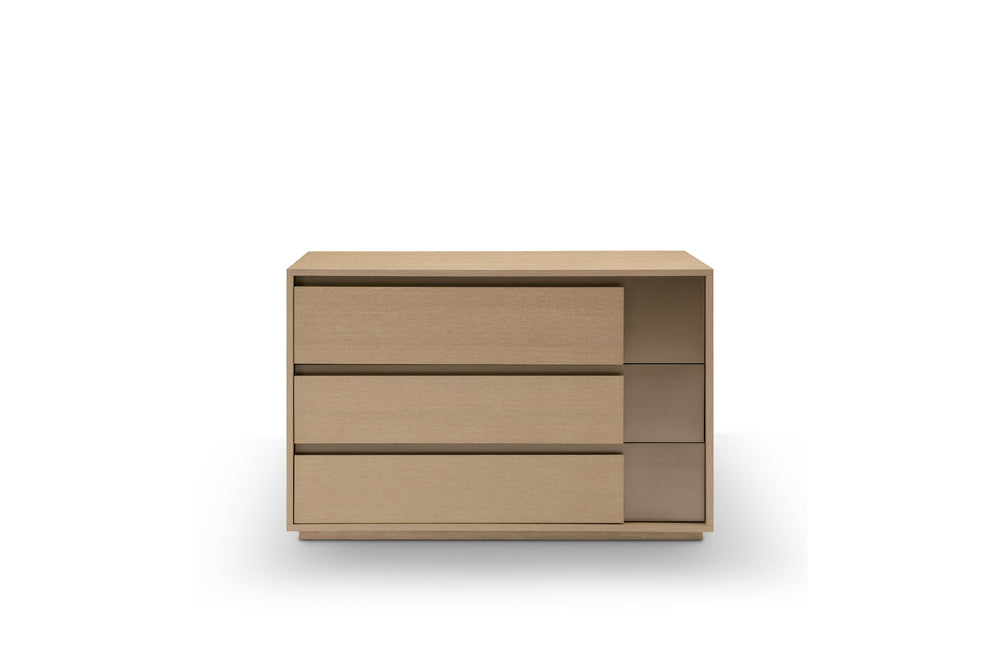 A beige wooden sideboard with three drawers and a lower shelf, against a white background.