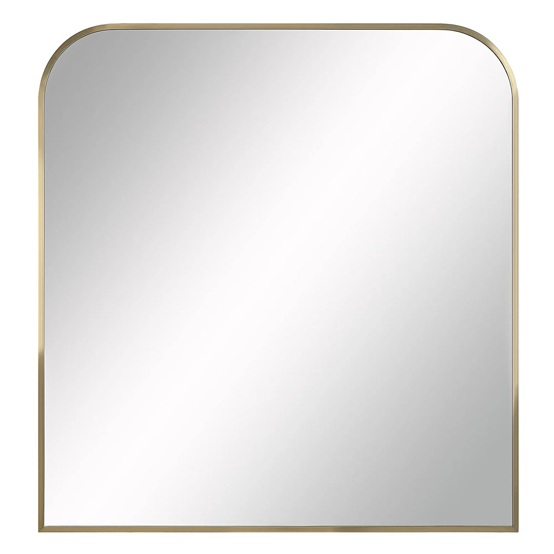 A gold-framed arch mirror with a powder-coated finish, measuring 40 inches in height and 38 inches in width.