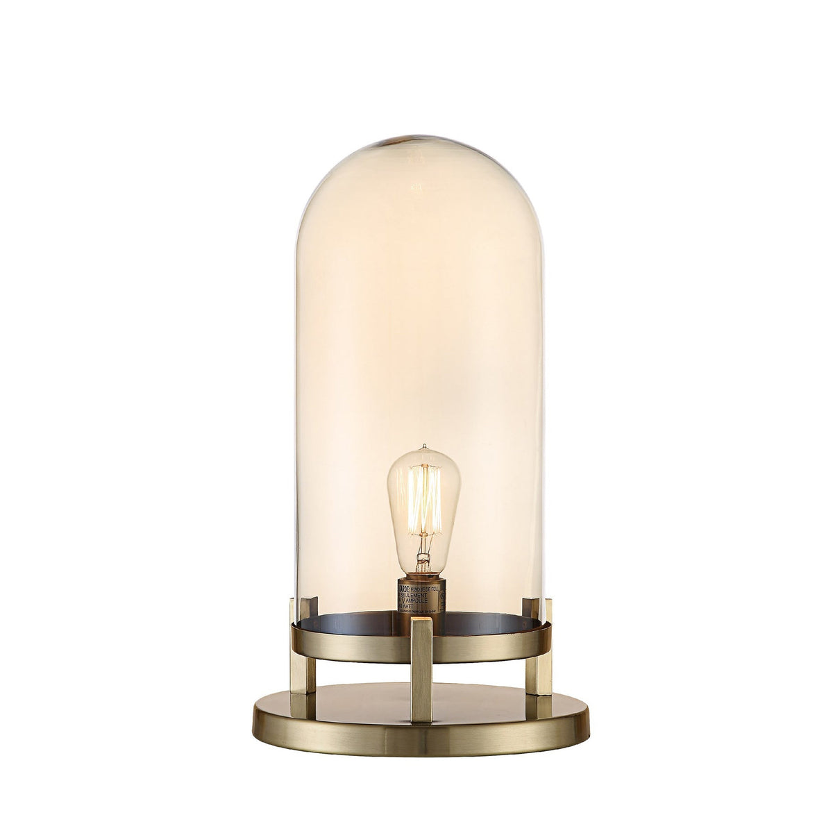 A table lamp with a brass finished dome top and a smoked glass base.