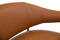 Close-up of a brown leather chair seat with visible stitching on a white background