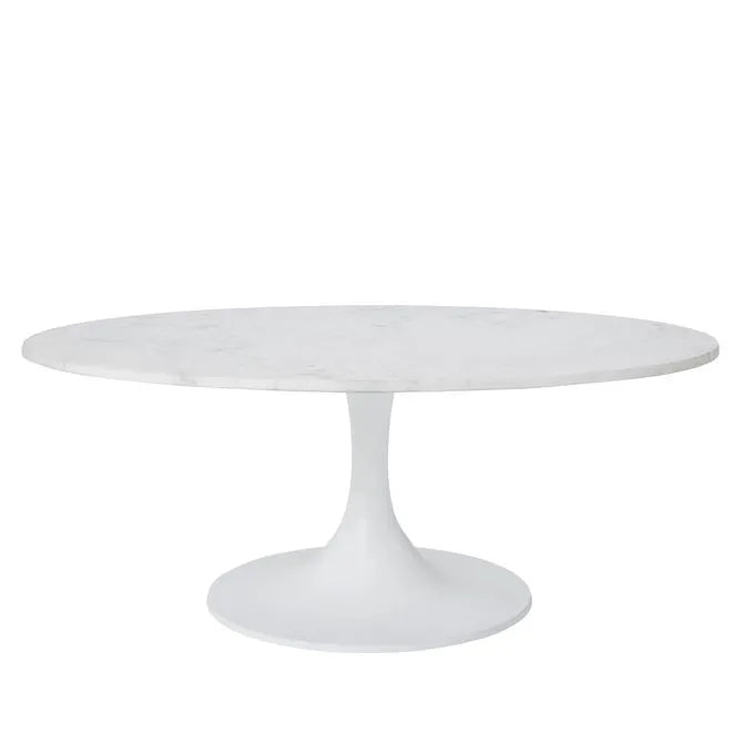 An oval marble coffee table with a white cast aluminum base and a natural white marble top.
