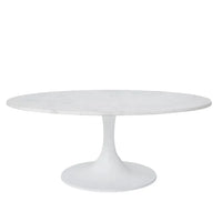 An oval marble coffee table with a white cast aluminum base and a natural white marble top.