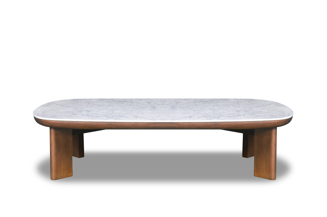 A rectangular coffee table with a marble top and walnut finish legs.