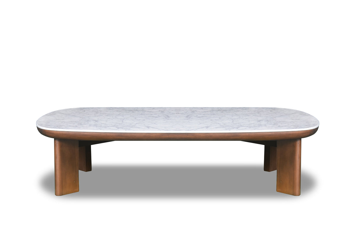 A rectangular coffee table with a marble top and walnut finish legs.