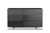 Black dresser with multiple drawers on a white background