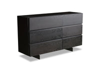 Black dresser with multiple drawers on a white background