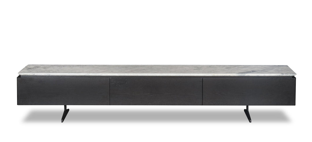 A gray marble TV console with a modern design, featuring a long surface with three recessed sections and metal legs.