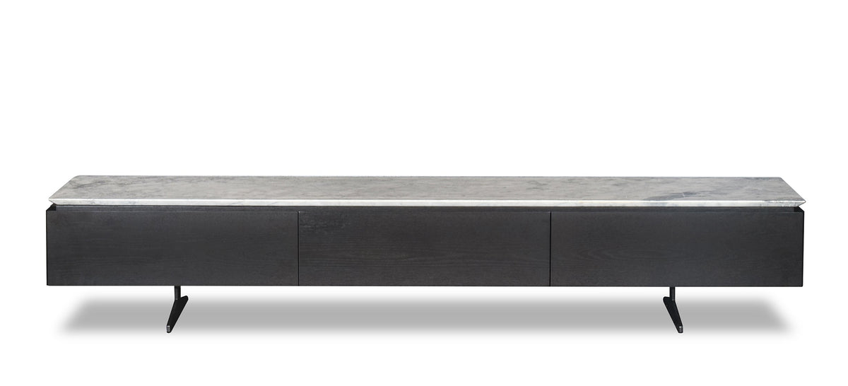 A gray marble TV console with a modern design, featuring a long surface with three recessed sections and metal legs.