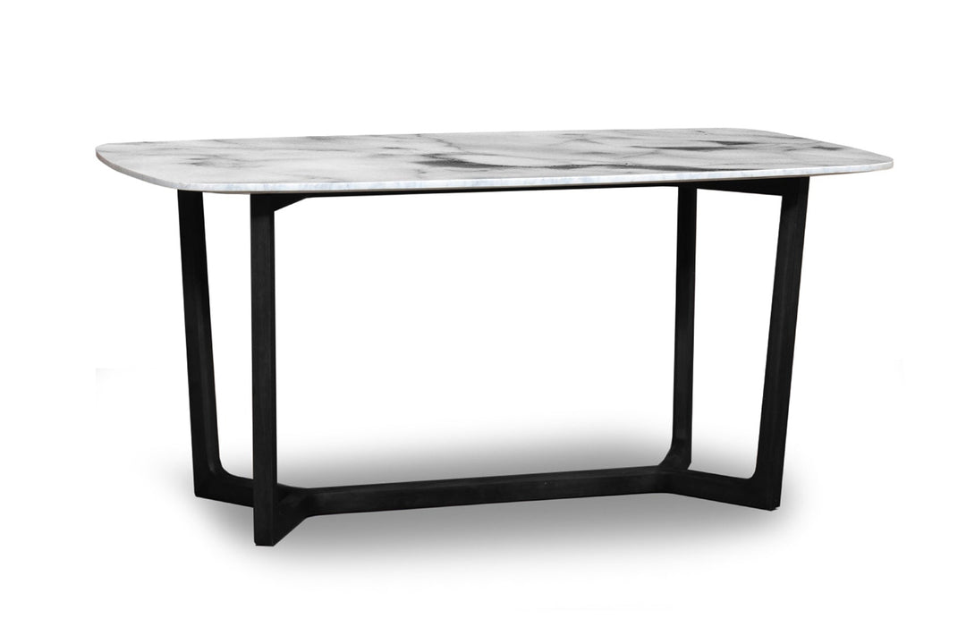 Dining table with marble top and black metal legs on a white background