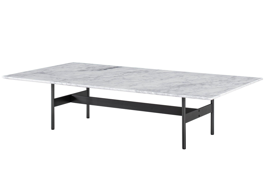 Rectangular table with marble-like top and black metal legs on a white background