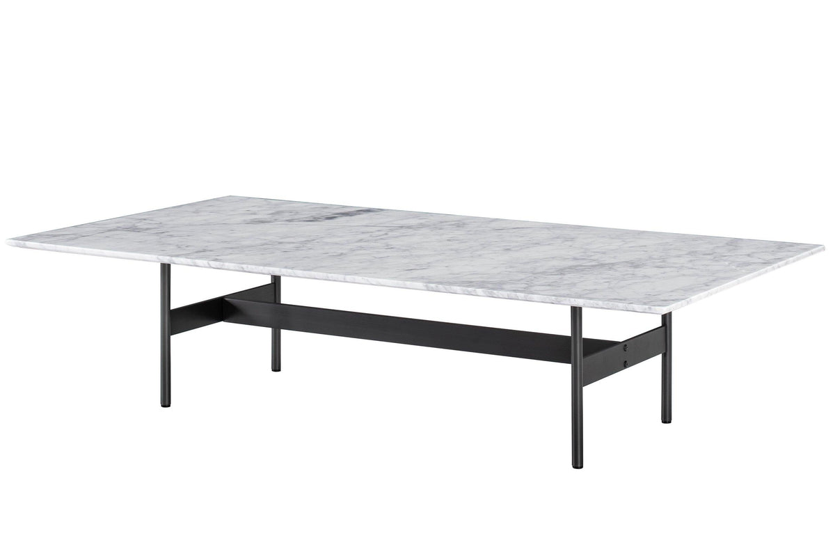 Rectangular table with marble-like top and black metal legs on a white background