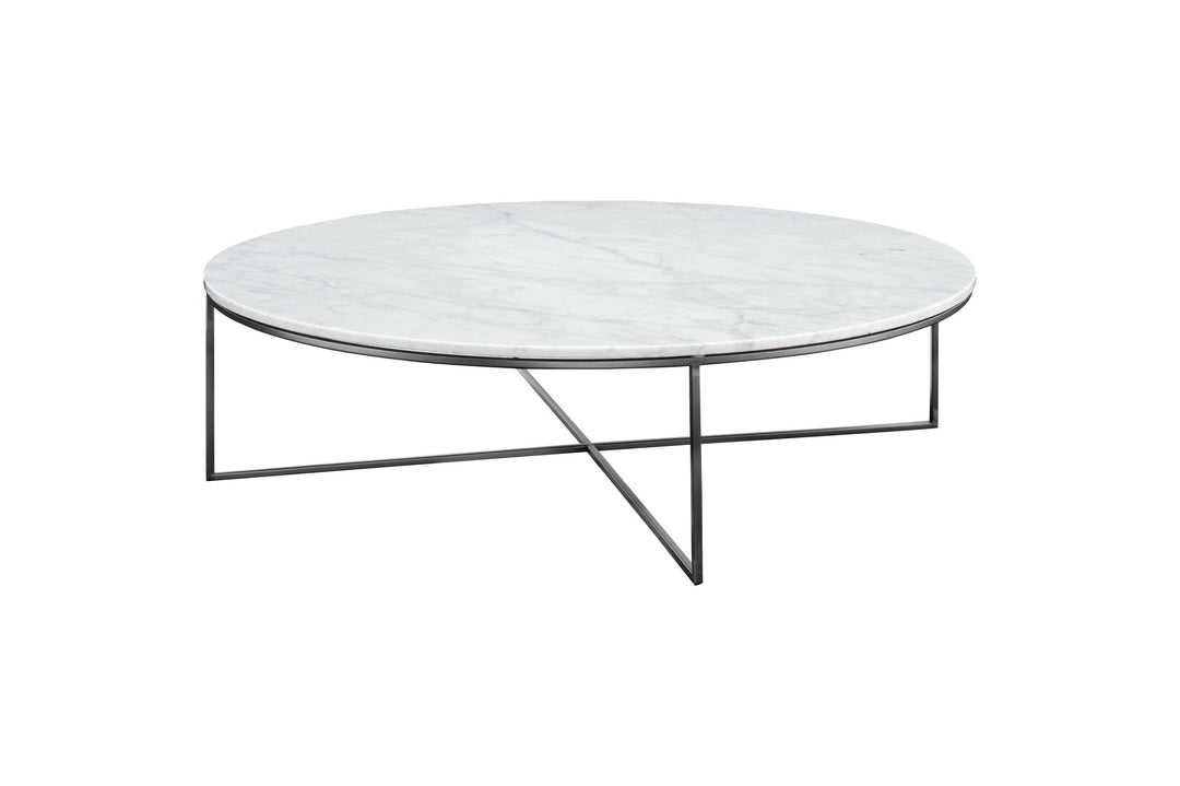 Round marble coffee table with black metal legs on a white background