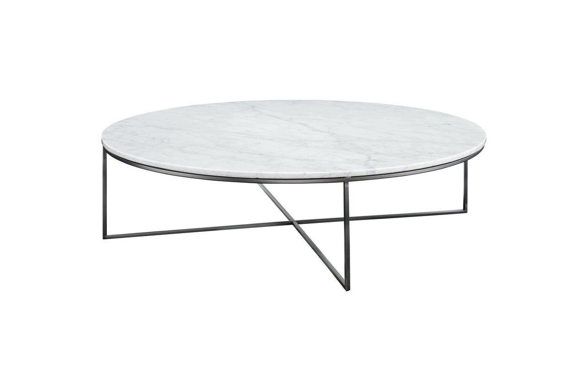 Round marble coffee table with black metal legs on a white background