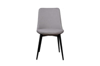 A gray upholstered dining chair with slim black matte finish steel legs.