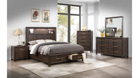 Wooden bedroom furniture set with bed, nightstands, dresser, and mirror in a room with large windows.