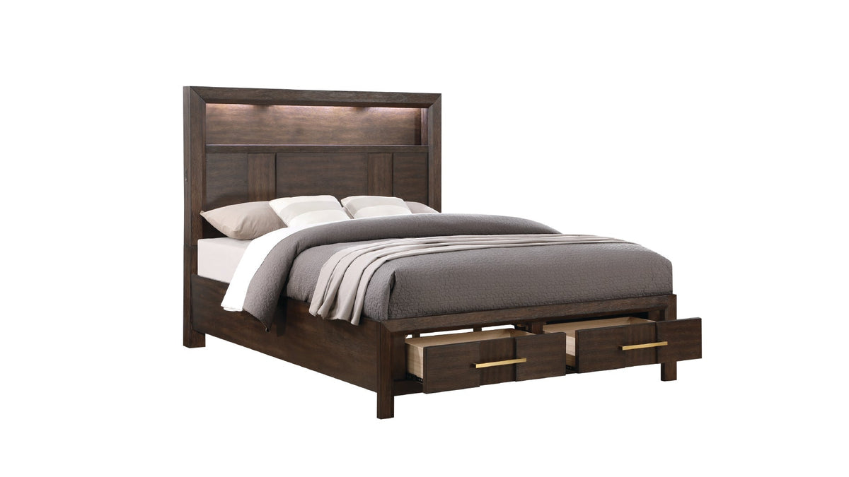 Wooden bed with storage drawers on a white background