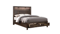 Wooden bed with storage drawers on a white background