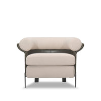 Beige armchair with black metal frame on a white background
