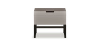 Small side table with a gray top and black base on a white background