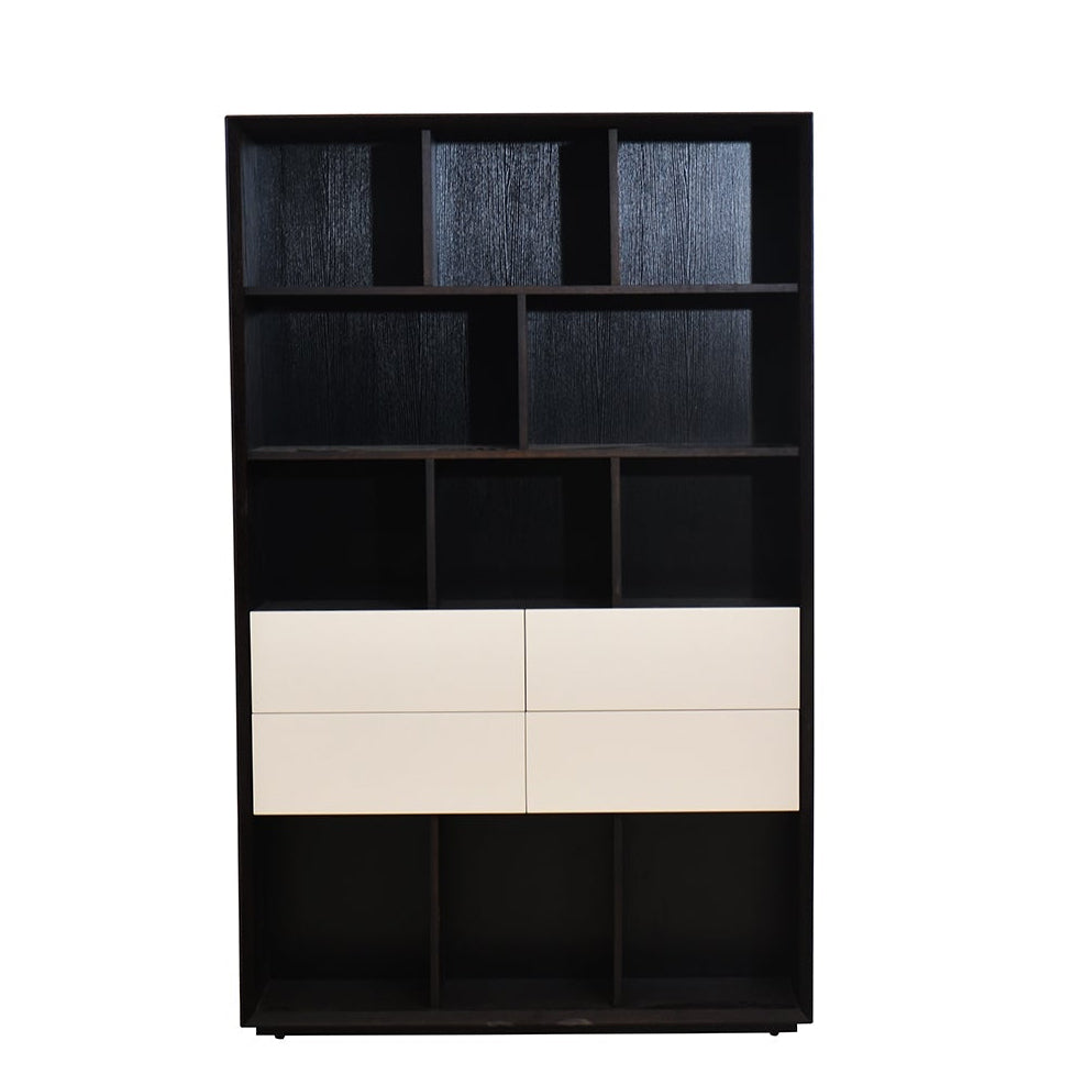 Black and white bookshelf with multiple shelves on a white background