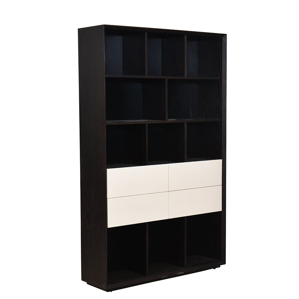 Black bookshelf with a white drawer on a white background