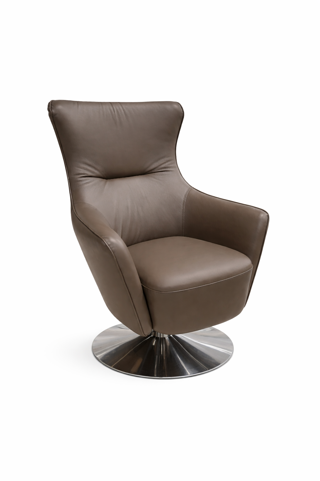 Brown leather armchair with a metallic base on a white background