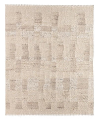 Beige area rug with abstract pattern on a white background