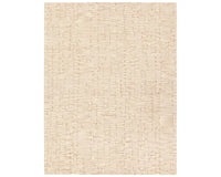 A beige wool area rug with a hand-tufted texture.