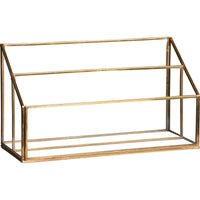 A gold-colored metal letter stand with multiple compartments.