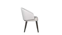 A white upholstered dining chair with a full back and seat, featuring dark brown wooden legs.