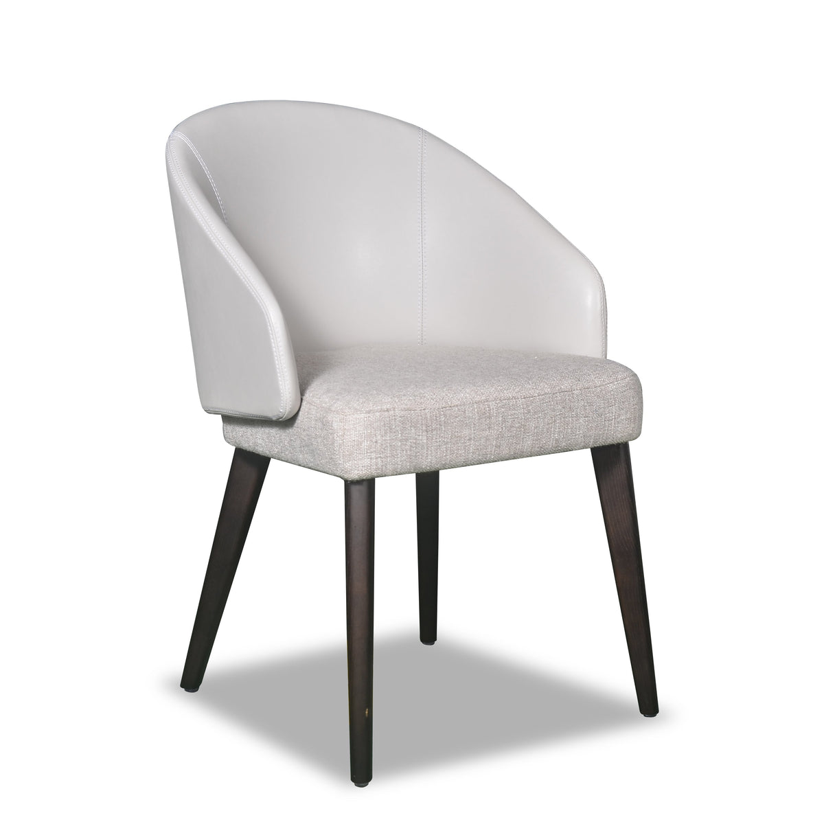 A white upholstered dining chair with a full back and seat, featuring dark brown wooden legs.