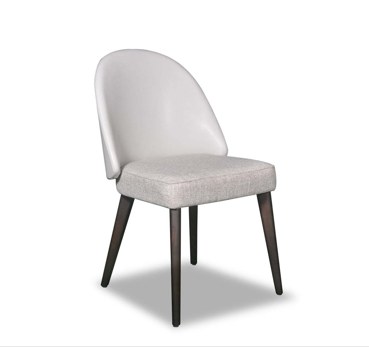 Gray upholstered chair with dark wooden legs on a white background