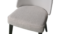 Gray upholstered chair with dark wooden legs on a white background
